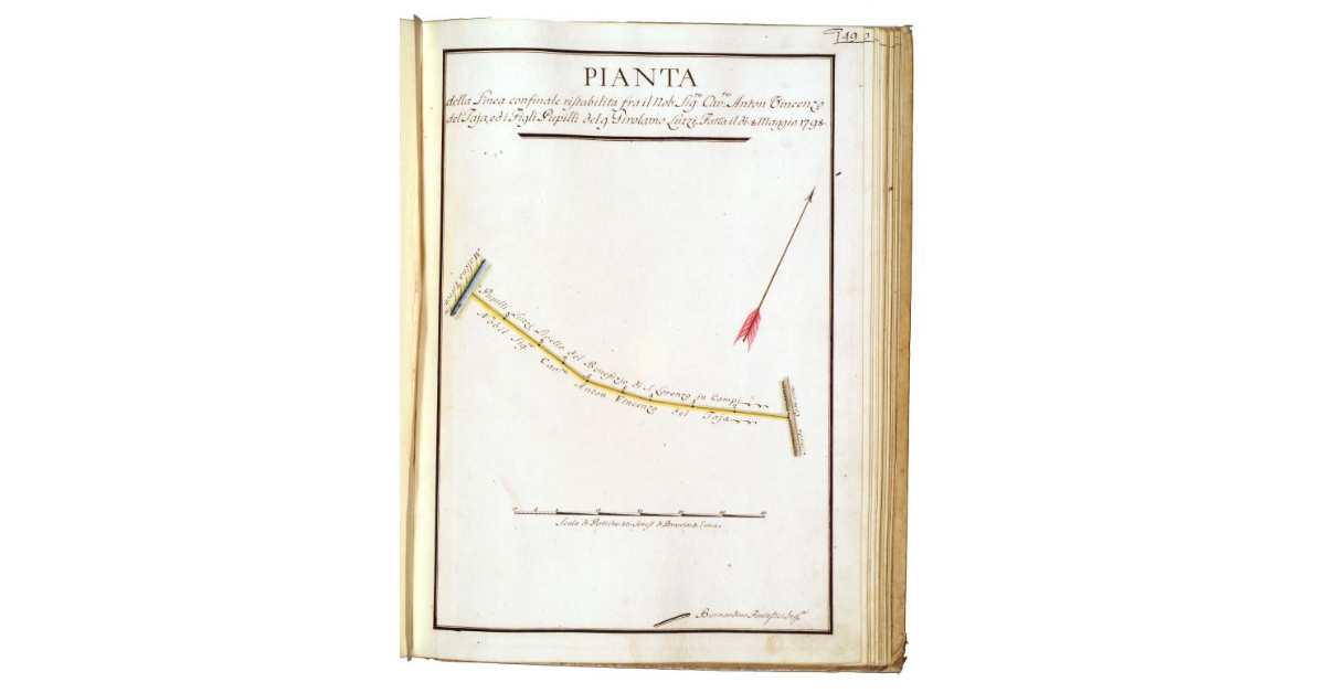 Pianta della linea confinale ristabilita fra il nobile signore cavaliere Anton Vincenzo del Taja e di figli pupilli del Sig. Girolamo Luzzi. Fatta il dì 8 maggio 1798