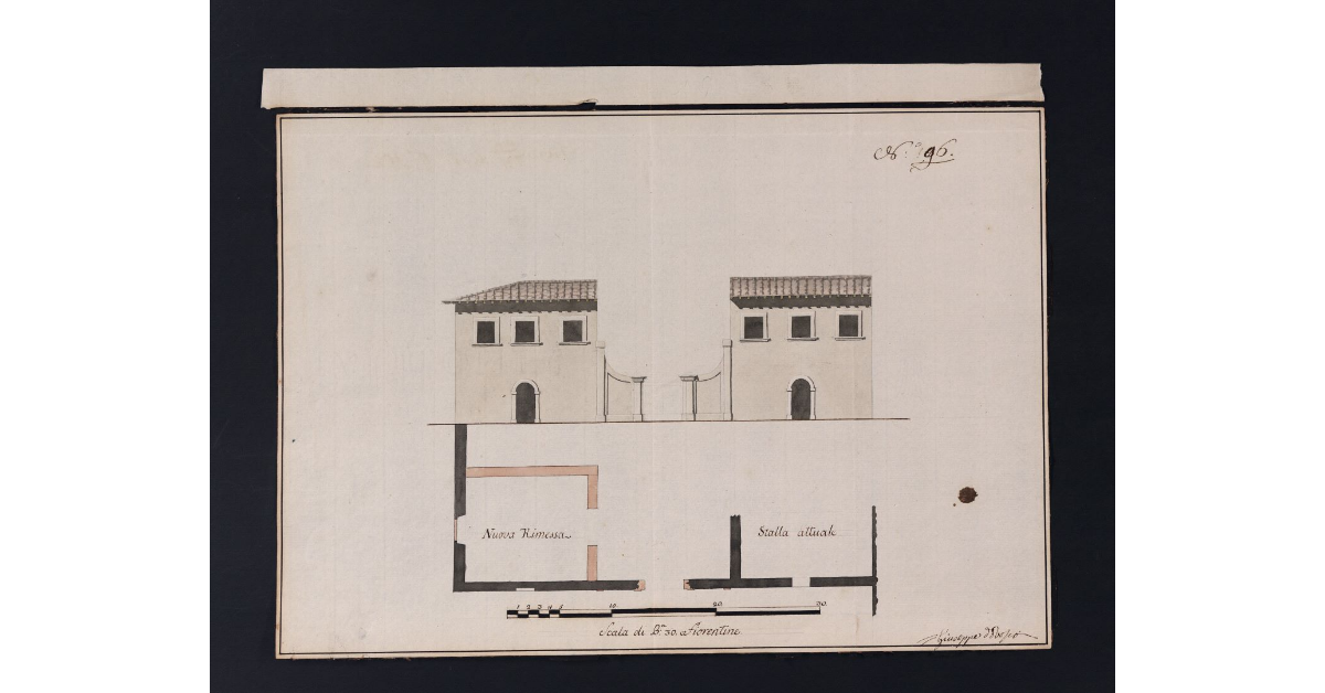 [Prospetto e pianta della stalla e della nuova rimessa del Mulino del Barco]