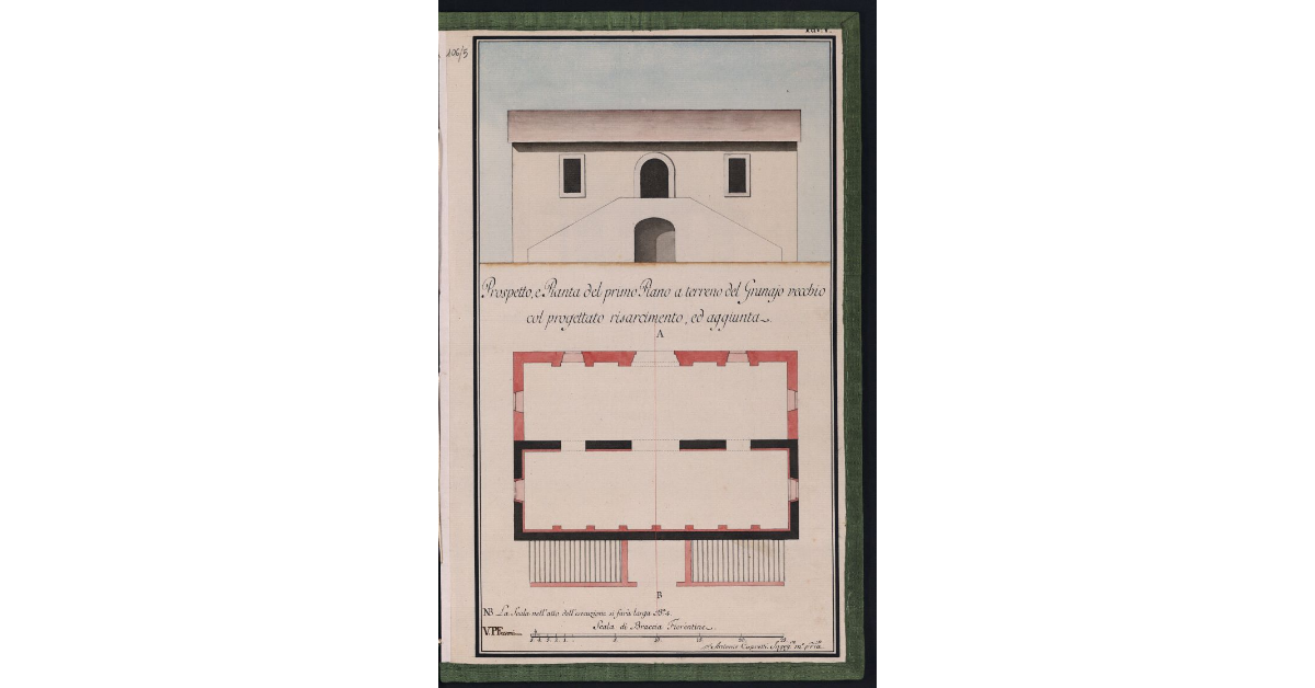 Prospetto, e Pianta del primo Piano a terreno del Granajo vecchio col progettato risarcimento, ed aggiunta