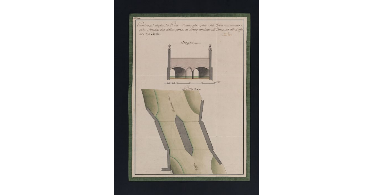 Pianta, ed Alzato del Ponte attuale che resta sul Fosso macinante e per la Strada che dalla porta al Prato conduce all'Arno, ed alle Cascine dell'Isola