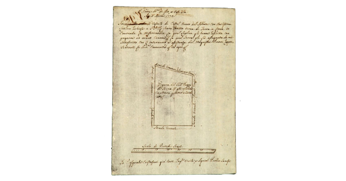 [Castel' Nuovo dell'Abate. Linea con Iacomo Martelli. Pianta di un pezzo di Terra di d.a. comunità posto in Contrada La Misericordia, allineato al pred.o Martelli]