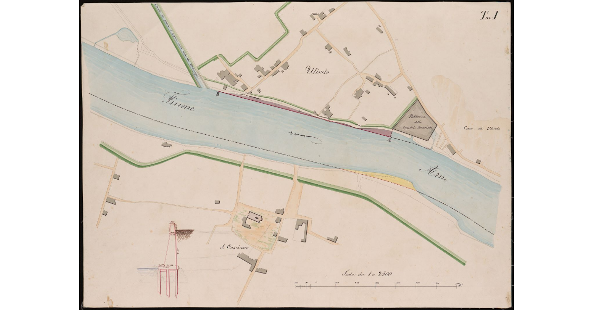 Pianta di un tronco del fiume Arno fra il ponte di Zambra e Cisanello presso il piazzale del nuovo pubblico passeggio posto fuori la Porta delle Piagge di Pisa