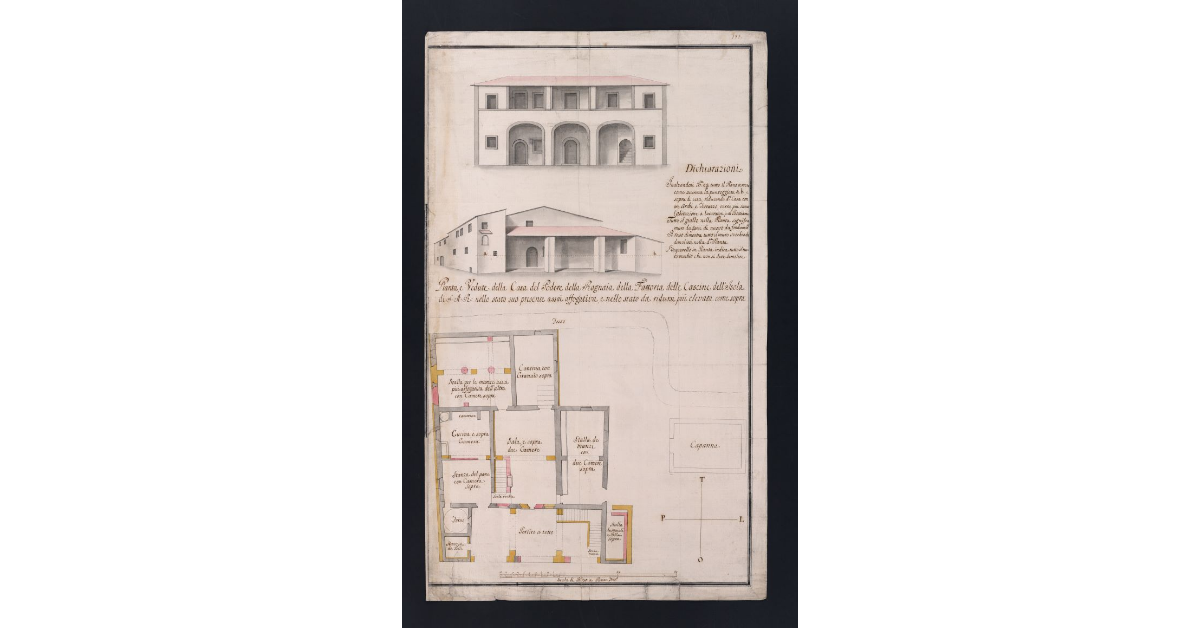 Pianta, e Vedute della Casa del Podere della Ragnaia della Fattoria delle Cascine dell'Isola di S.A.R. nello stato suo presente assai affogativa, e nello stato da ridursi più elevata come sopra