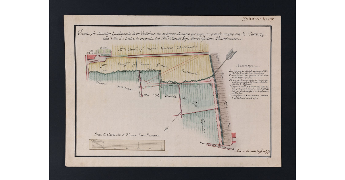 Pianta, che dimostra l'andamento di un Viottolone da costruirsi di nuovo per avere un comodo accesso con le Carrozze alla Villa d'Arcetri di proprietà dell'Ill.mo e Clariss.mo Sig.r March.se Girolamo Bartolommei