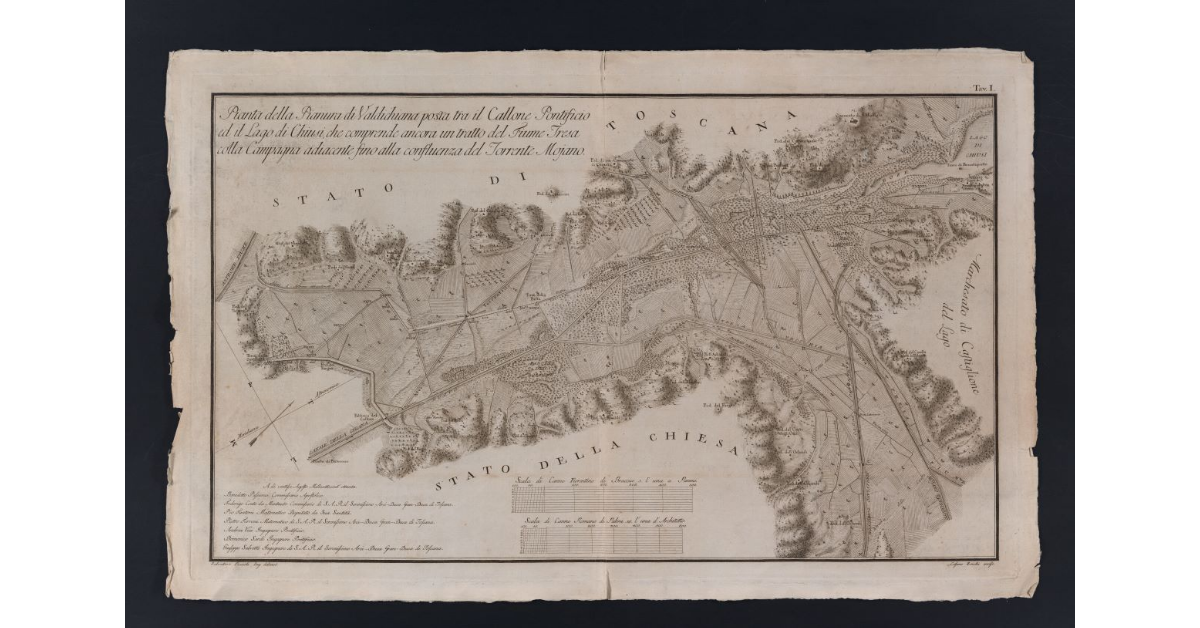 Pianta della Pianura di Valdichiana posta tra il Callone Pontificio ed il Lago di Chiusi, che comprende ancora un tratto del Fiume Tresa colla Campagna adiacente fino alla confluenza del Torrente Mojano