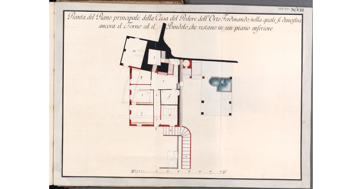 Pianta del Piano principale della Casa del Podere dell'Orto Ferdinando, nella quale si dimostra ancora il Forno ed il Bindolo, che restano in un piano inferiore