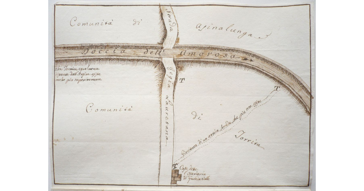 [Disegno del tratto della strada Regia Lauretana all'incontro con il fiume]