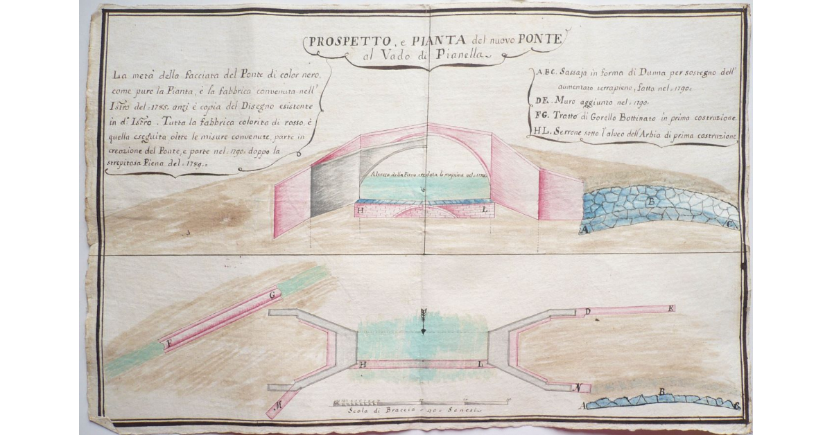 Prospetto e Pianta del nuovo Ponte al Vado di Pianella [sul Fiume Arbia]