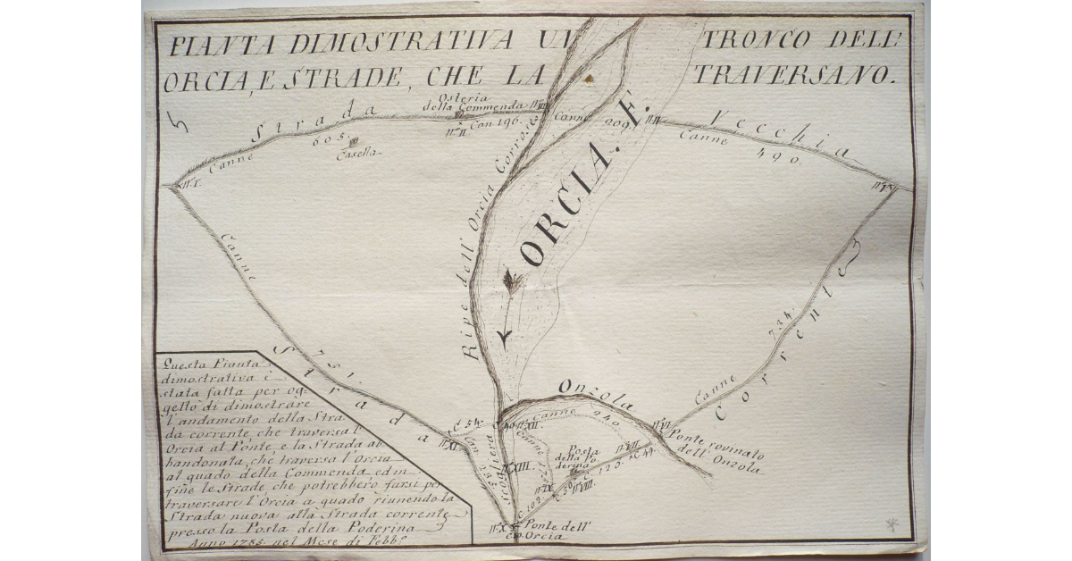 Pianta dimostrativa un tronco dell'Orcia, e strade che la traversano [alla Posta della Poderina]