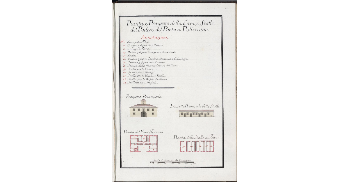 Pianta, e Prospetto della Casa, e Stalle del Podere del Porto a Pulicciano