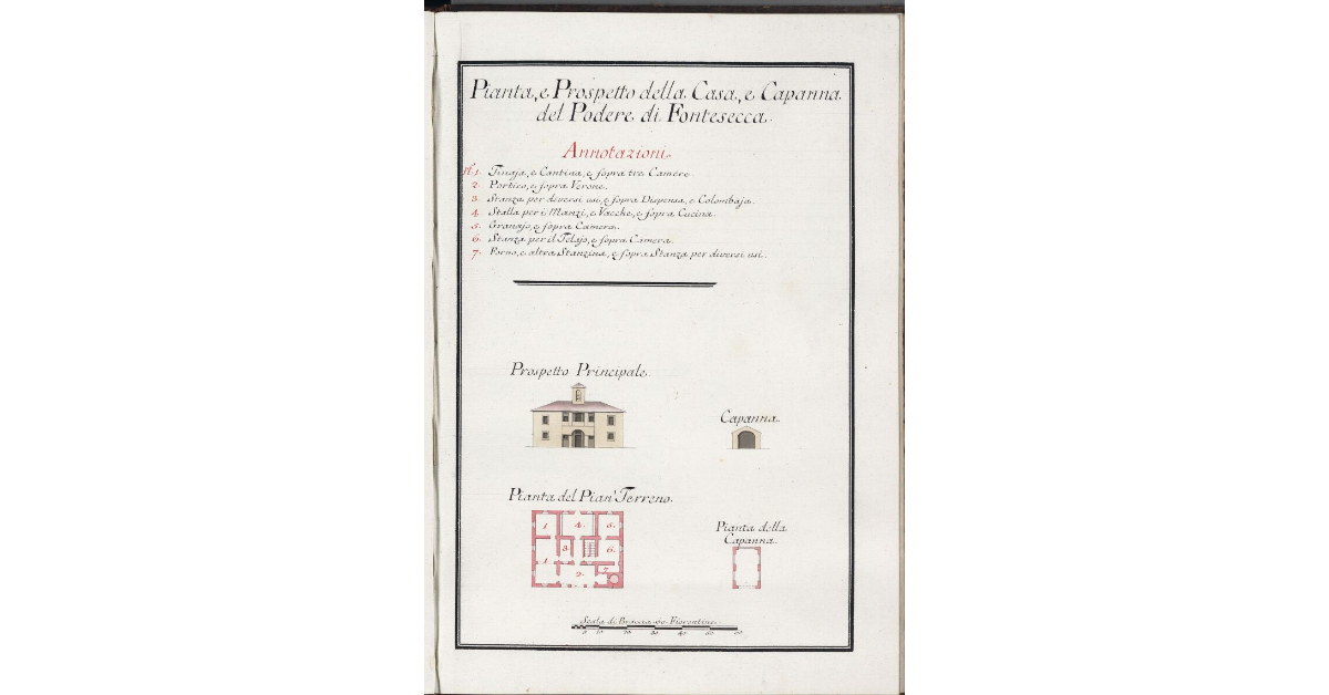 Pianta, e Prospetto della Casa, e Capanna del Podere di Fontesecca