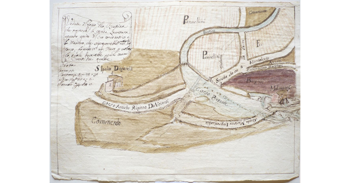 Veduta del fosso della Bestina che traversa la strada Lauretana essendo escito il suo corso antico e la maniera che proporrebbe per metterlo nel suo corso , facendovi un muro [...]