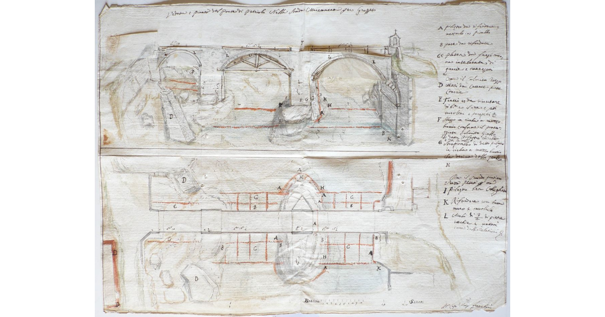 Veduta e pianta del Ponte di Petriolo nella Strada Maremmana per Grosseto